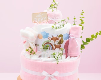 Windeltorte | Baby Reh | rosa |mit Musselintuch,Baby Lätzchen, Breilöffel, Tee, Frottee Spucktuch,Babysocken | Babygeschenk Geburt