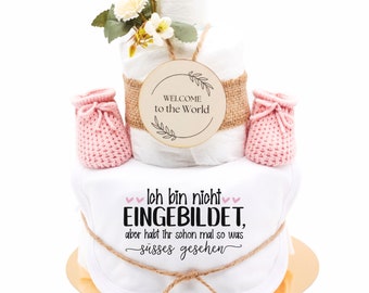 Diaper Cake Vintage | rose | saying| I'm not conceited, but have you ever seen something cute|baby bibs + knit booties