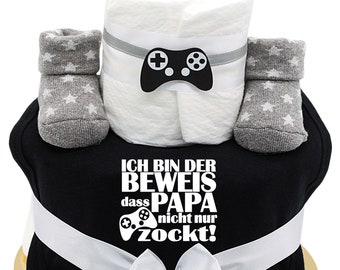 Sayings Gamer Diaper Cake " I'm the proof that dad doesn't just gamble" Boy black bib + baby socks, baby gift