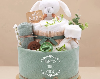 diaper cake| Baby Bunny | New to the Crew | Muslin cloth, bunny wooden grasping toy, pacifier, socks, mouth towel | baby birth gift unisex