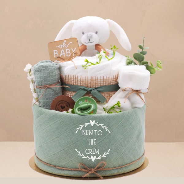 Windeltorte| Baby Hase | New to the Crew | Musselintuch, Hase Holzgreifling ,Beruhigungssauger, Socken,Mundtuch |Baby Geburtsgeschenk unisex