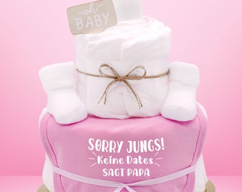 Sprüche Windeltorte | Mädchen | rosa | Sorry Jungs! keine Dates sagt Papa | Lätzchen und Babysocken | Babygeschenk  Geburt -Windelgeschenk