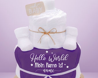 Sprüche Windeltorte | Lila | personalisierbar| Hello World mein Name ist..|Lätzchen und Babysocken | Babygeschenk zur Geburt -Windelgeschenk