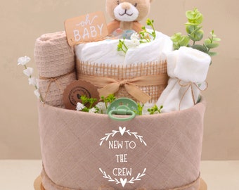 diaper cake| Baby Bear | Neutral |New to the Crew | Muslin cloth, bear wooden grasping toy, pacifier, socks, mouth towel | baby birth gift