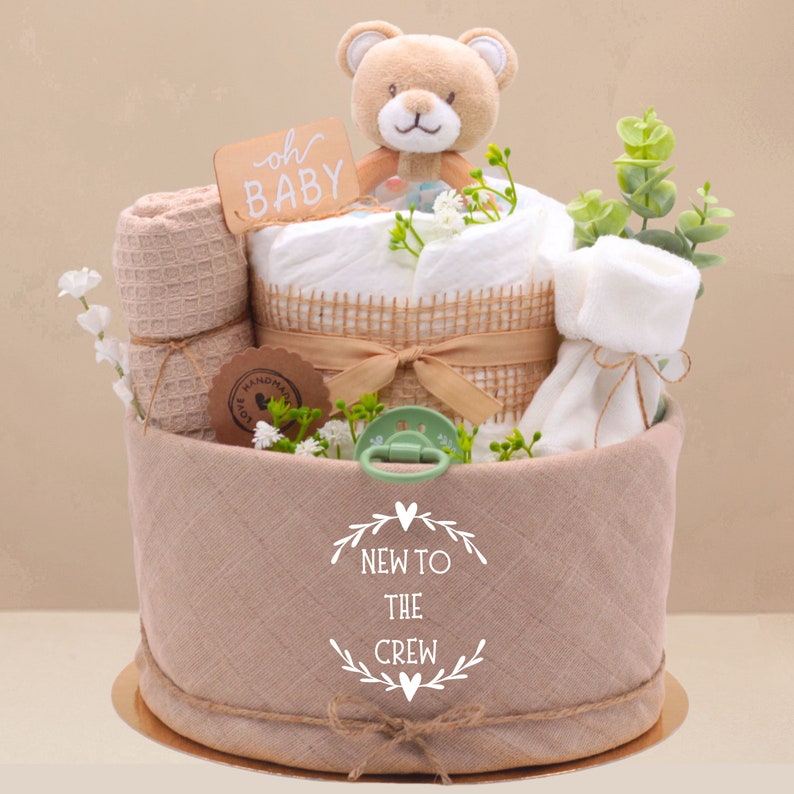 diaper cake Baby Bear Neutral New to the Crew Muslin cloth, bear wooden grasping toy, pacifier, socks, mouth towel baby birth gift image 1