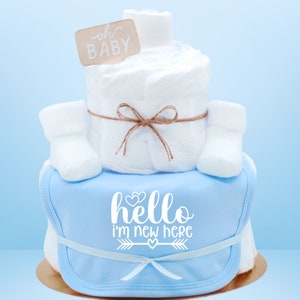 Sayings diaper cake boy light blue Hello I'm new here Bibs and baby socks Baby gift for birth diaper gift image 1