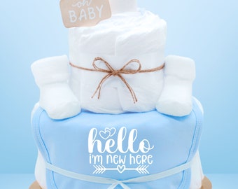 Sayings diaper cake | boy | light blue | Hello I'm new here | Bibs and baby socks | Baby gift for birth - diaper gift