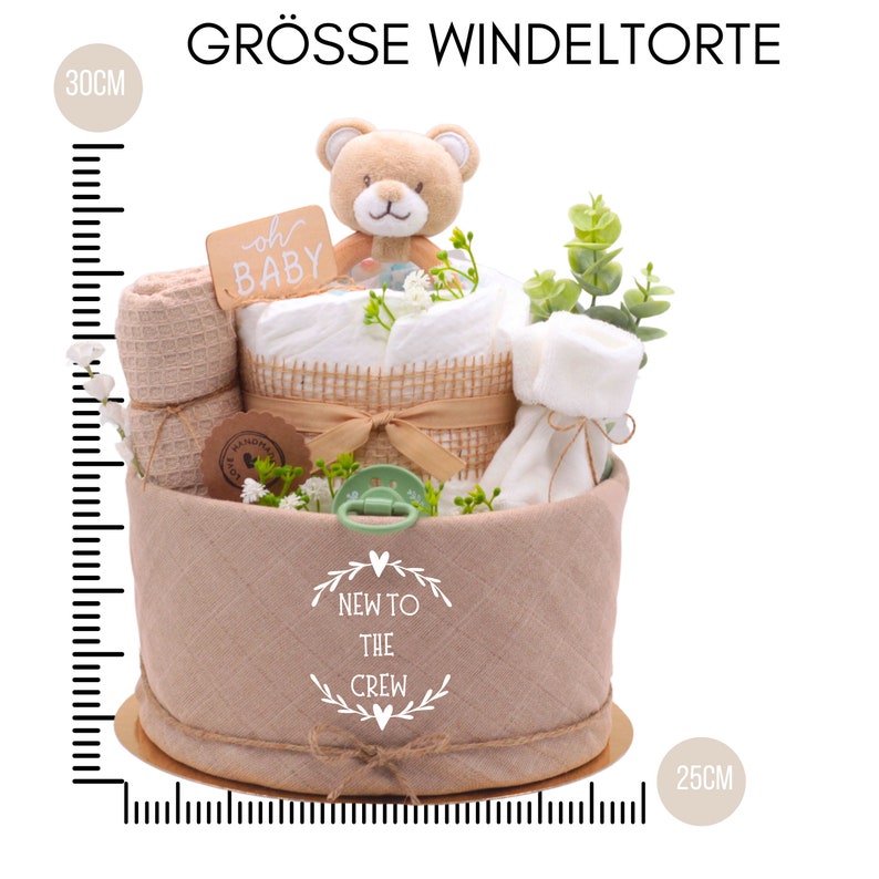 diaper cake Baby Bear Neutral New to the Crew Muslin cloth, bear wooden grasping toy, pacifier, socks, mouth towel baby birth gift image 8