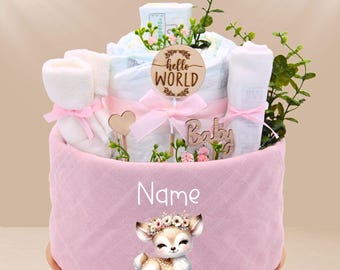 Diaper cake - Girl pink | with name | Deer | 27 diapers, muslin cloth, socks, burp cloth, wooden sticks, flowers | Baby party | Personalize
