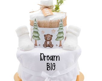 Diaper cake forest with saying | Dream big | unisex| Baby bib + baby socks | Handmade baby gift for birth baby party