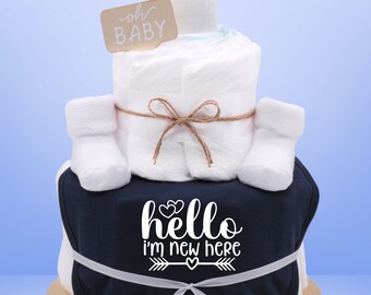 Sayings diaper cake | boy | navy | Hello I'm new here | Bibs and baby socks | Baby gift for birth - diaper gift