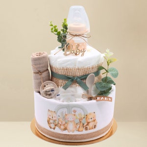 diaper cake Friends Neutral with muslin cloth, baby tea bottle, porridge spoon, burp cloth, soother, baby tea baby gift birth image 1
