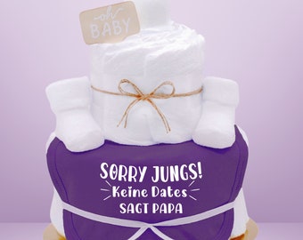 Sprüche Windeltorte | Mädchen  | Lila |Sorry Jungs! Keine Dates sagt Papa | Lätzchen und Babysocken |Babygeschenk zur Geburt -Windelgeschenk