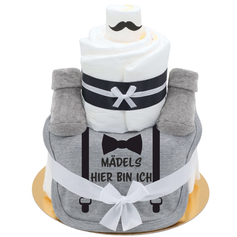 Sprüche Windeltorte Junge Hosenträger Mädels hier bin ich witziges Baby Lätzchen, Babysocken , Babygeschenk Geburt Bild 1