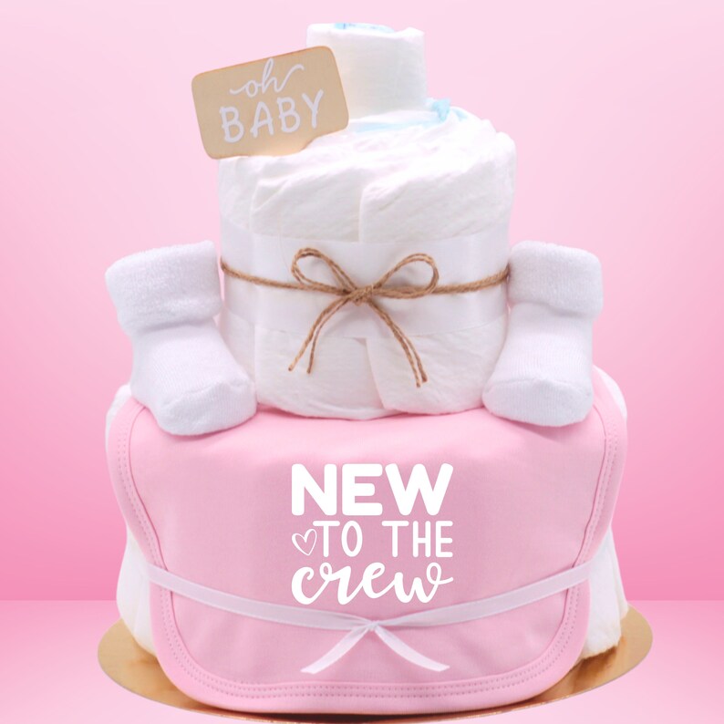 Sayings diaper cake Girl pink New to the Crew Bibs and baby socks Baby gift for birth diaper gift image 1