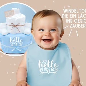 Sayings diaper cake boy light blue Hello I'm new here Bibs and baby socks Baby gift for birth diaper gift image 7