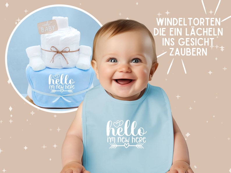 Sayings diaper cake boy light blue Hello I'm new here Bibs and baby socks Baby gift for birth diaper gift image 7