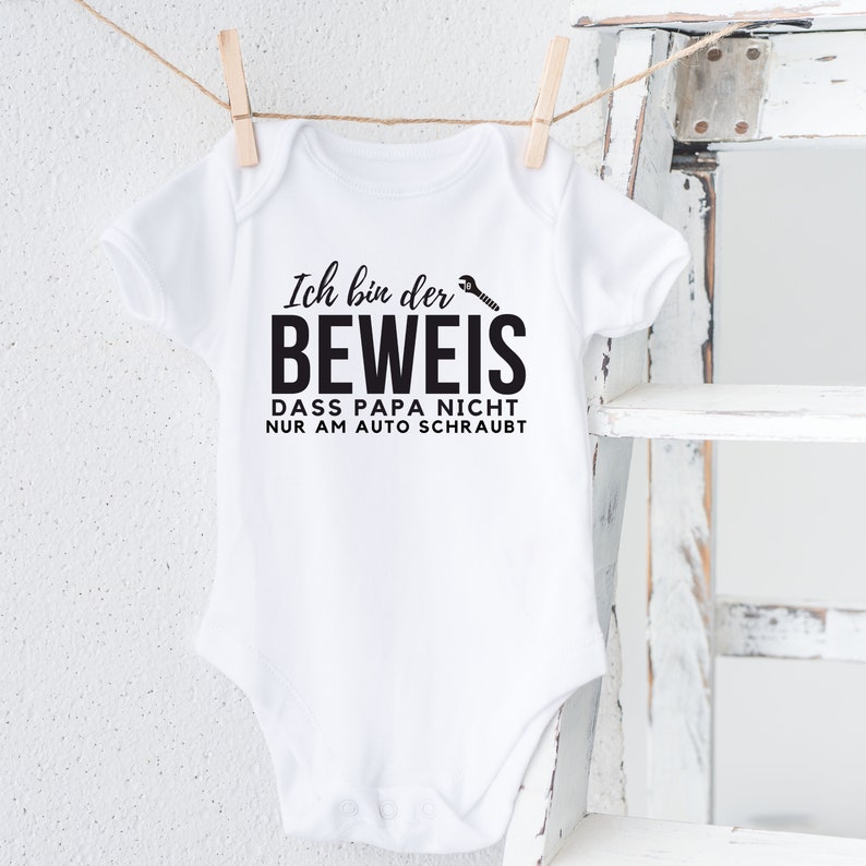 Babybody handprinted with saying screwdriver I'm proof that dad doesn't just work on the car Cotton Baby gift birth image 1