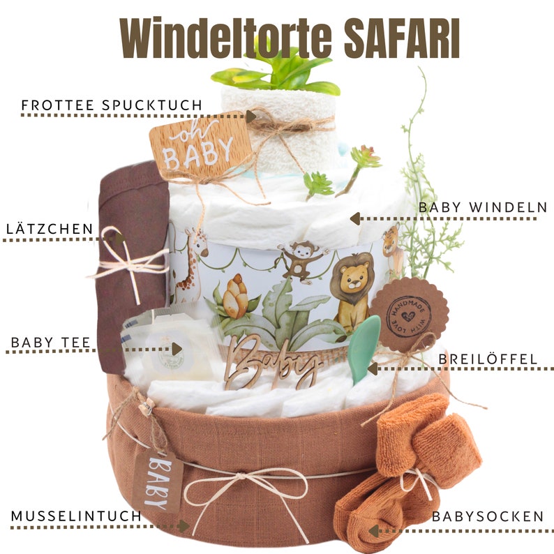 Windeltorte Safari Neutral mit Musselintuch, Baby Lätzchen, Breilöffel, Tee, Frottee Spucktuch,Babysocken Babygeschenk Geburt Bild 2