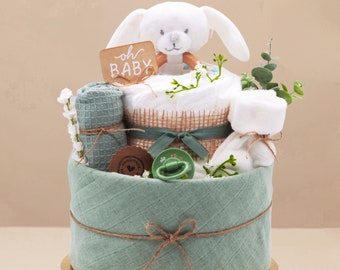 diaper cake| Baby Bunny | Neutral | Muslin cloth, bunny wooden grasping toy, pacifier, socks, mouth towel | Baby party birth gift