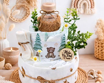 Woodland Animals Diaper Cake (Neutral) | Baby Gift for Newborns | Boho Diaper Cake with Muslin Cloth, Bottle, Baby Socks | Boy & Girl