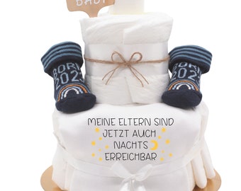Baby body sayings diaper cake boy | My parents can now also be reached at night | with baby body + baby socks-Born 2023 or 2024 | baby gift