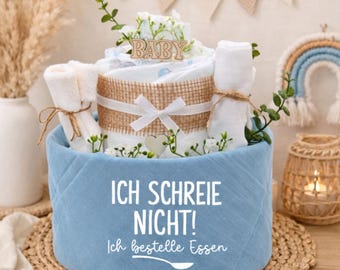 Diaper cake boy - blue | I don't scream - I order food | 27 diapers, muslin cloth, socks, burp cloth, wooden sticks, flowers