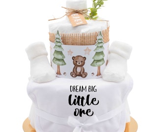 Diaper cake forest with saying | Dream big little one | unisex| Baby bib + baby socks | Handmade baby gift for birth baby party