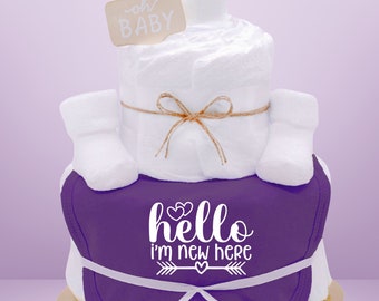 Sayings diaper cake | Neutral | Purple | New to the Crew | Bibs and baby socks | Baby gift for birth - diaper gift