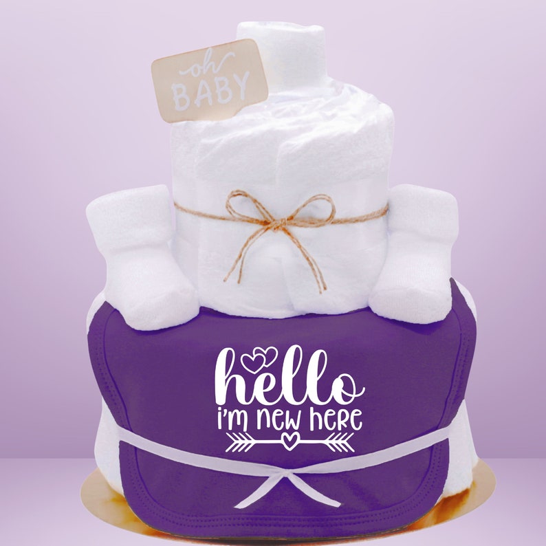 Sayings diaper cake Neutral Purple New to the Crew Bibs and baby socks Baby gift for birth diaper gift image 1