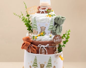 Diaper cake|WALD XL |Unisex| 2x muslin cloth, baby bottle, 2x baby socks, pacifier, bamboo sign customizable - optional|baby gift