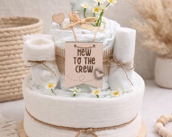 Diaper cake | Baby gift for newborns | 27 diapers | Baby shower gift | New to the Crew | Muslin cloth + baby socks