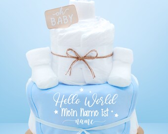 Sayings diaper cake | boy | light blue |personalizable| Hello World my name is..| Bibs and baby socks | Baby gift for birth