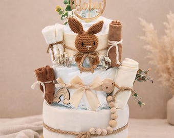 Windeltorte | Hase | 3 Stöckig | 37 Windeln , Beißring, Musselintuch,Lätzchen,2x Socken, Waschtuch, optional mit Holz Schnullerkette