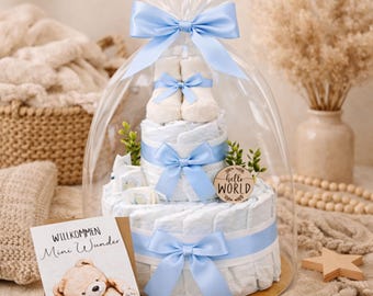 Baby Diaper Cake in Light Blue – Baby Gift for Birth | Handmade Diaper Cake for Boys | Baby Shower Gift + Greeting Card