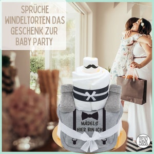 Sprüche Windeltorte Junge Hosenträger Mädels hier bin ich witziges Baby Lätzchen, Babysocken , Babygeschenk Geburt Bild 4