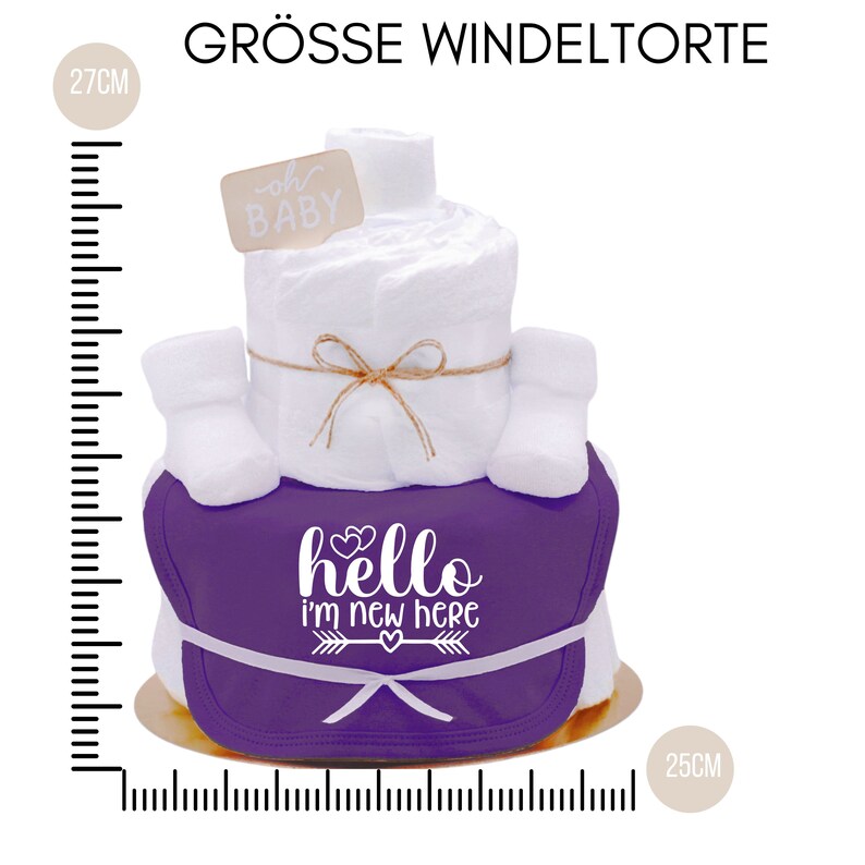 Sprüche Windeltorte Neutral Lila New to the Crew Lätzchen und Babysocken Babygeschenk zur Geburt Windelgeschenk zdjęcie 7