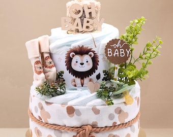 Diaper Cake | Baby Lion | Neutral Unisex | Muslin Cloth, Pacifier, Socks, Terry Cloth Burp Cloth, Oh Baby Wooden Pegs | Baby Gift