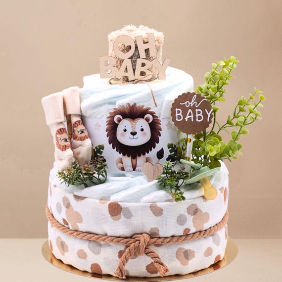 Diaper cake Baby Lion Neutral Unisex Muslin cloth, pacifier, socks,  terry cloth burp cloth, Oh Baby wooden peg Baby gift