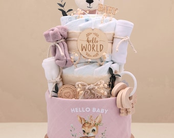 Windeltorte Reh | Musselintuch,Reh Holz Greifling,Holz Beissring Schlüssel,Spucktuch,Lätzchen ,Socken,Meilenstein, Eukalyptus/ Schleierkraut