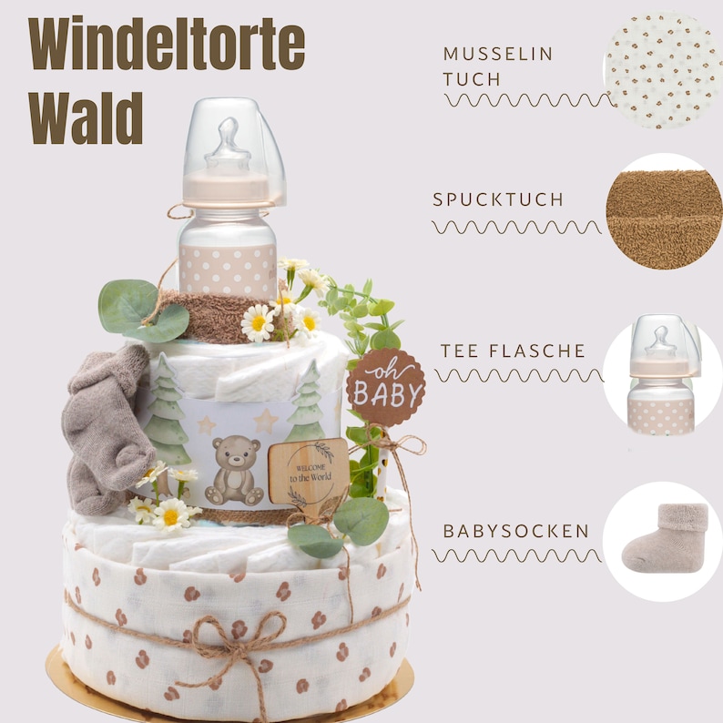 Windeltorte Wald Neutral mit Musselintuch, Baby Teeflasche, Frottee Spucktuch, Babysocken Babygeschenk Bild 2