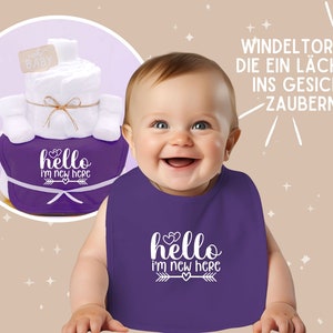 Sprüche Windeltorte Neutral Lila New to the Crew Lätzchen und Babysocken Babygeschenk zur Geburt Windelgeschenk zdjęcie 8