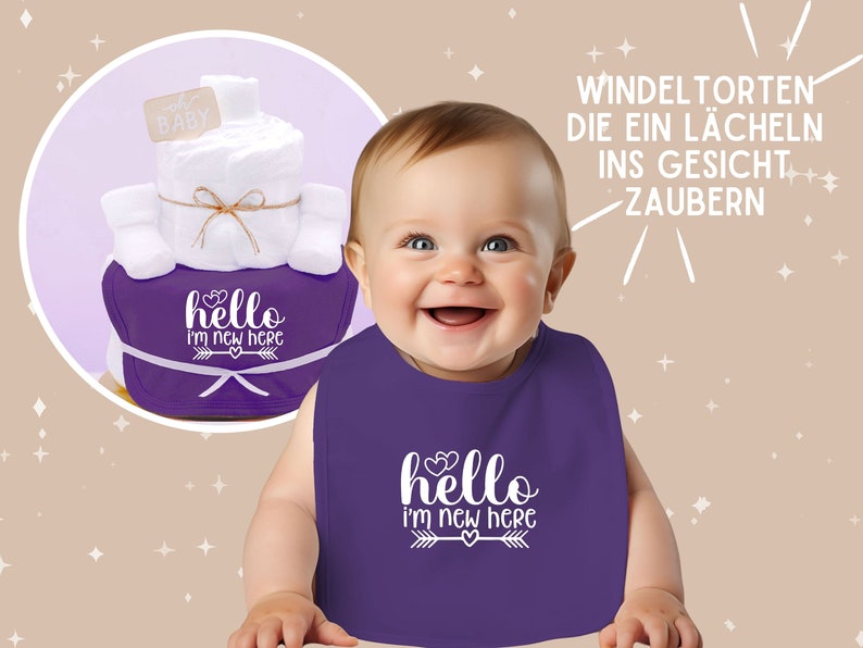 Sprüche Windeltorte Neutral Lila New to the Crew Lätzchen und Babysocken Babygeschenk zur Geburt Windelgeschenk zdjęcie 8