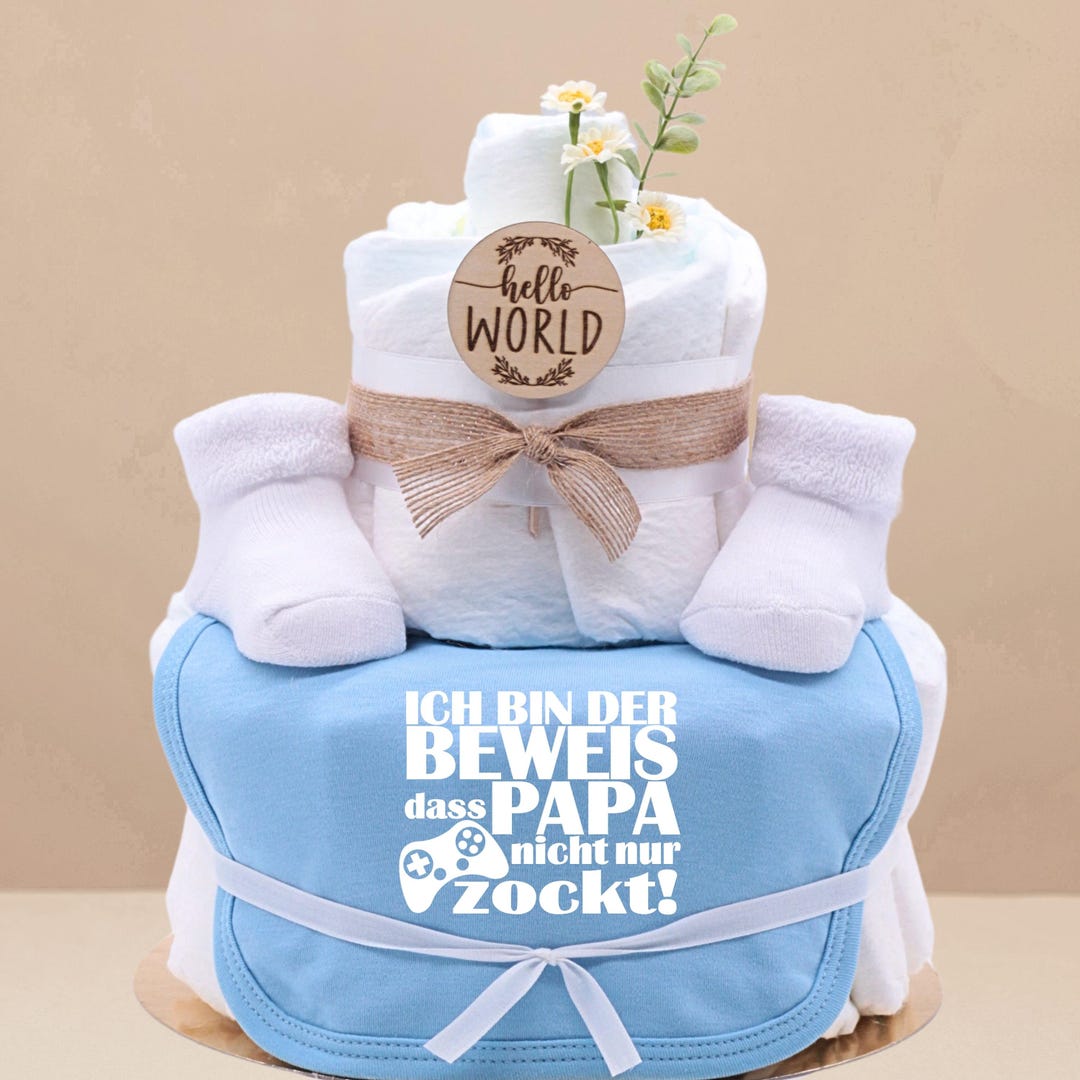 Windeltorte Papa Zockt Gamer Geschenk Geburt Junge Hellblau 