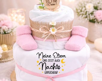 Pink Diaper Cake for Girls | Baby Gift | Baby Shower Gift | Baby Essentials Set with Bib and Socks | Nighttime Accessible