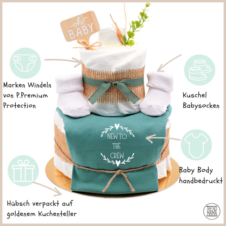 Boho Scandi diaper cake baby body sage green New to the Crew baby socks baby gift for birth baby party image 2