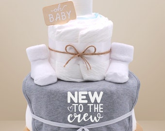 Sayings diaper cake | boy | mottled gray | New to the Crew| Bibs and baby socks | Baby gift for birth - diaper gift