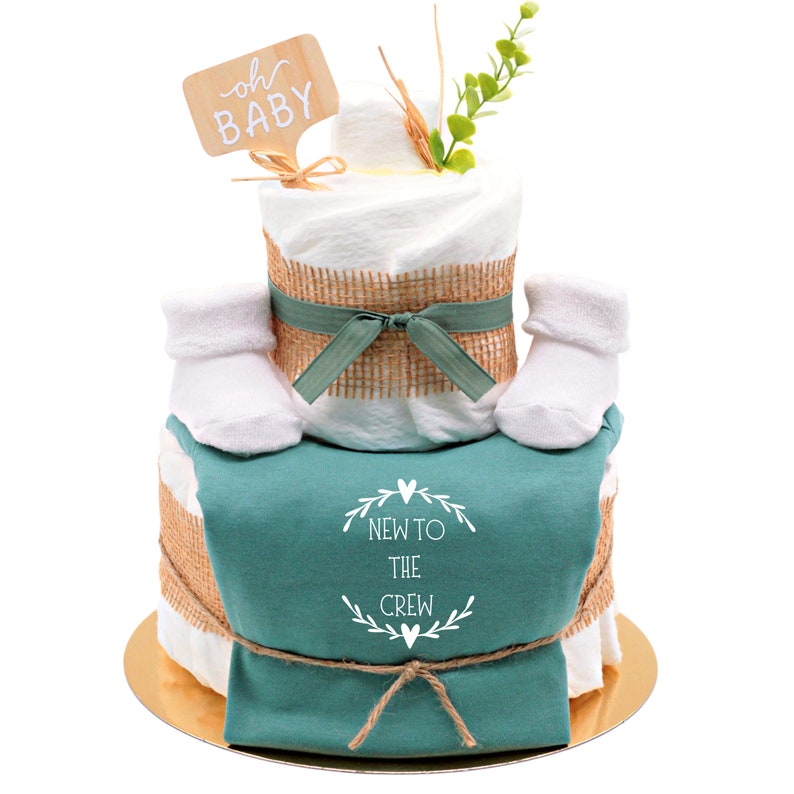 Boho Scandi diaper cake baby body sage green New to the Crew baby socks baby gift for birth baby party image 1