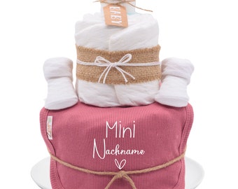 Vintage Windeltorte Mädchen | rose | Personalisiert| MINI - Nachname | Baby Lätzchen + Socken Babygeschenk,Baby Shower,Baby Party