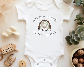 Baby Body | personalisiert | Aus dem Bauch mitten ins Herz | Baby Geschenk, Geburt,Baby Body Langarm oder Kurzarm